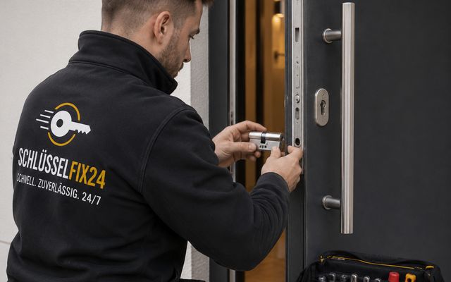 Neuer Schließzylinder wird an einer Haustür in Duisburg eingesetzt